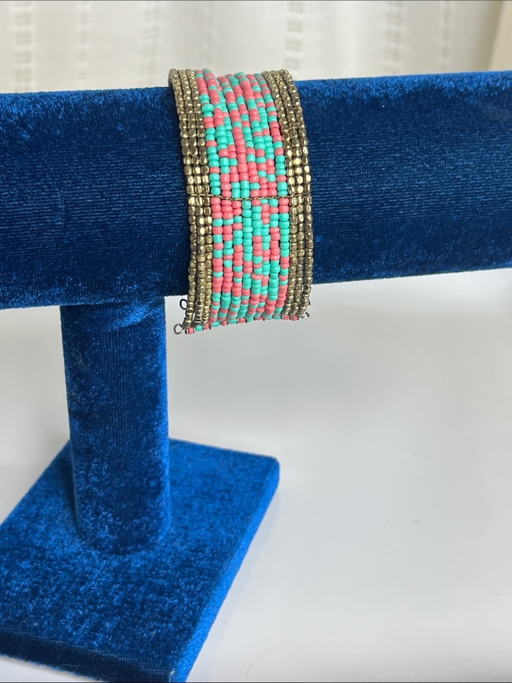 Beaded Turquoise & Coral color Bracelet with Gold Accent, Stretch Wire Opening - Picture 4 of 5
